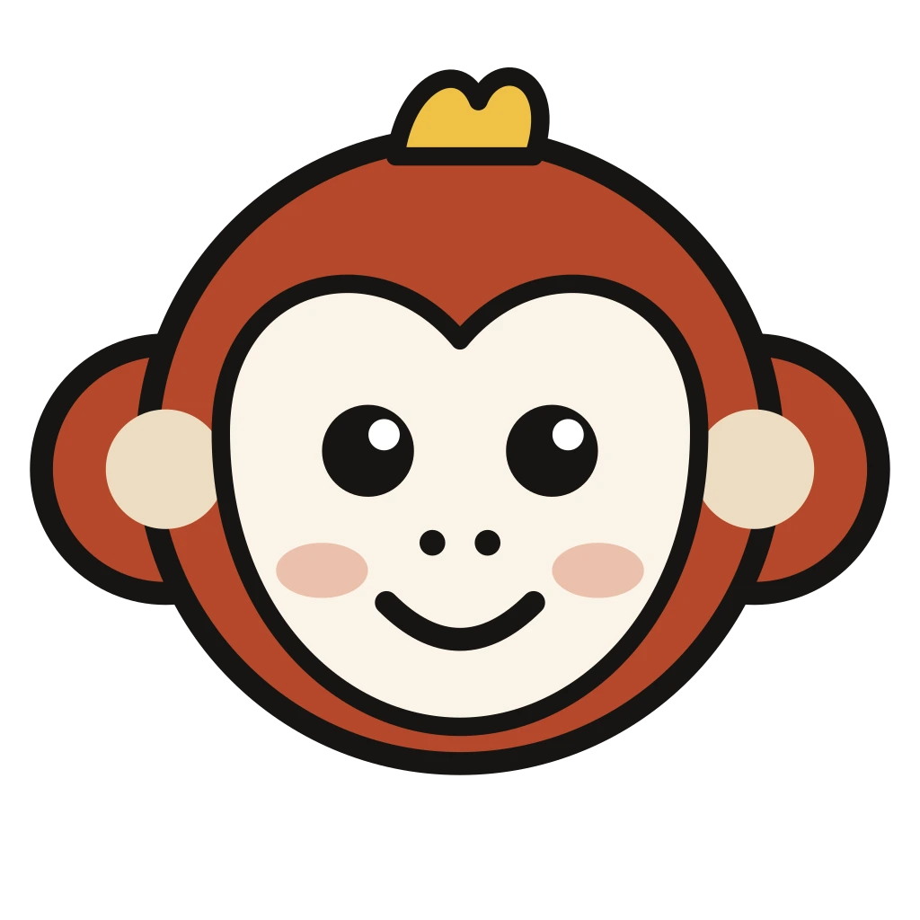 Monkay mascot, a smiling monkey with a banana tuft
